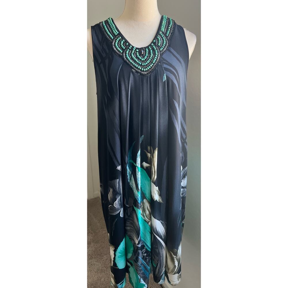 STUDIO I Floral Turquoise Black‎ Blue Beaded Neckline Sleeveless Swing Dress 14